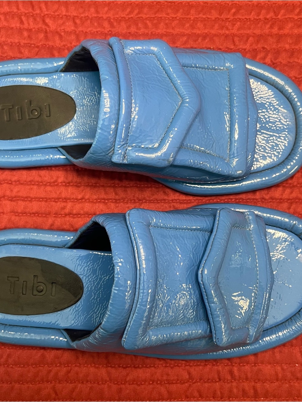 Tibi Beryen Naplack Blue Crinkled Patent Leather Padded Slide Sandals - US 9 - Picture 7 of 9